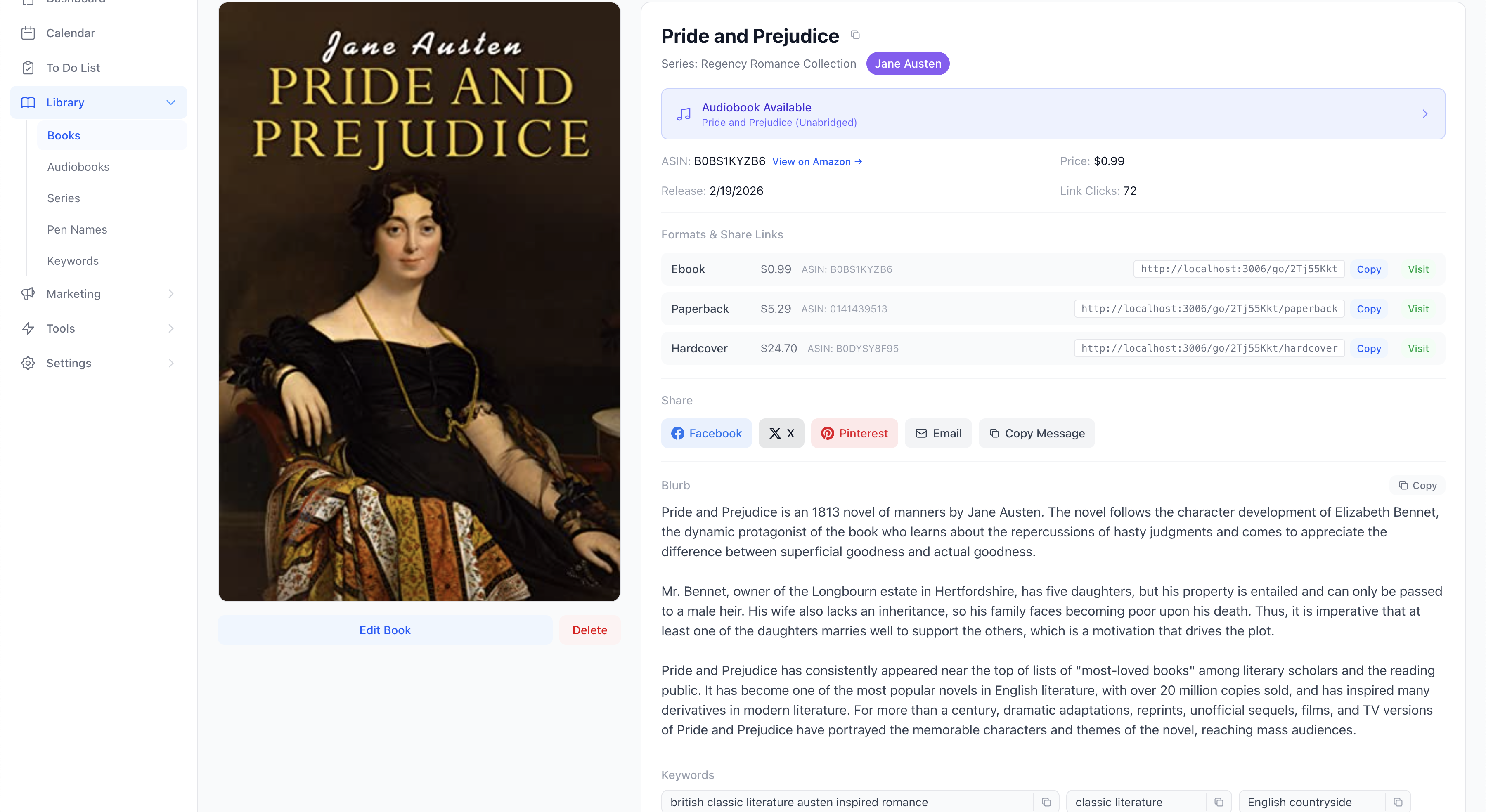 Book detail page showing cover art, metadata, formats, and keywords