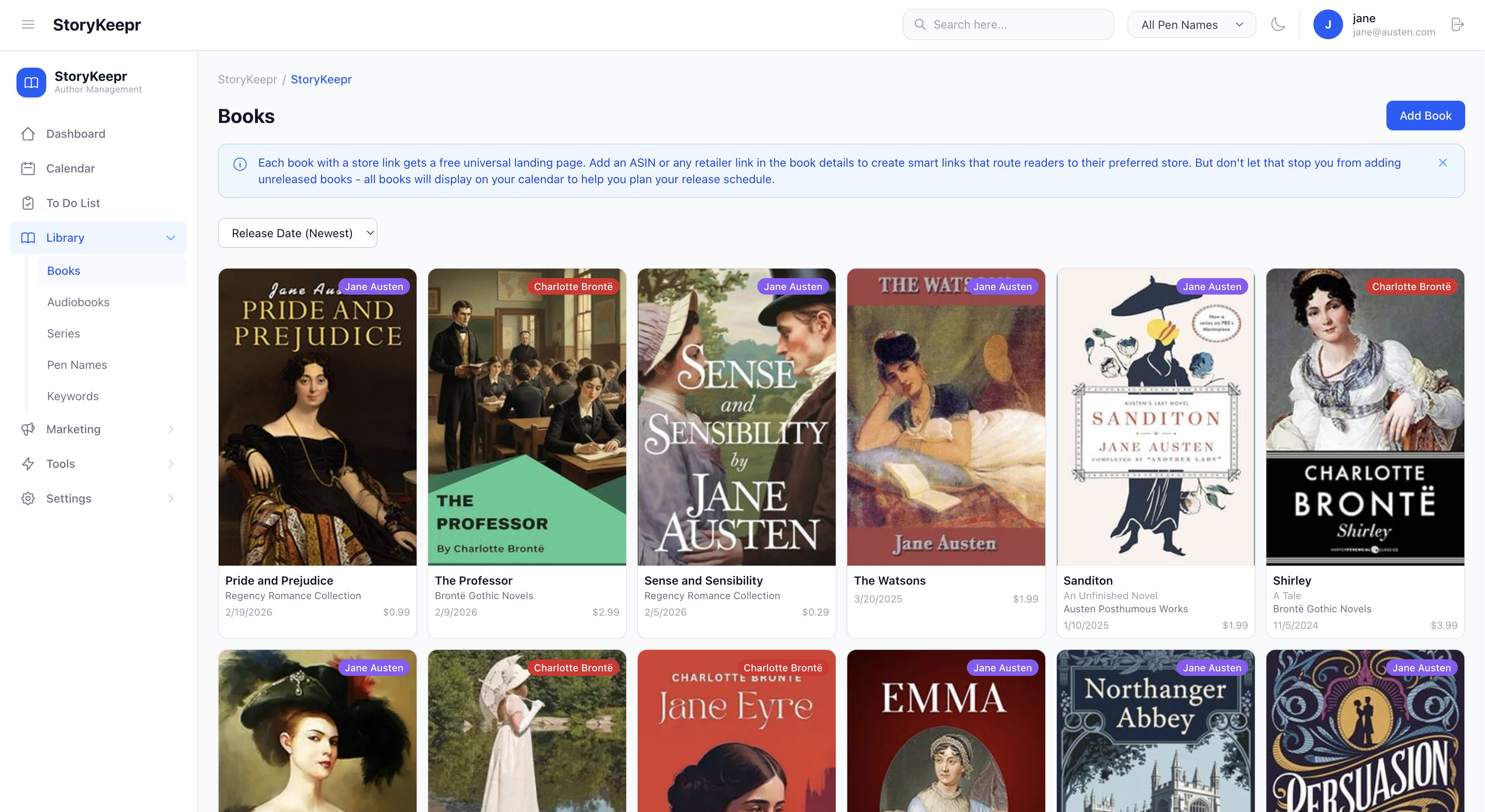StoryKeepr dashboard showing your book catalog with covers, series, and sidebar navigation
