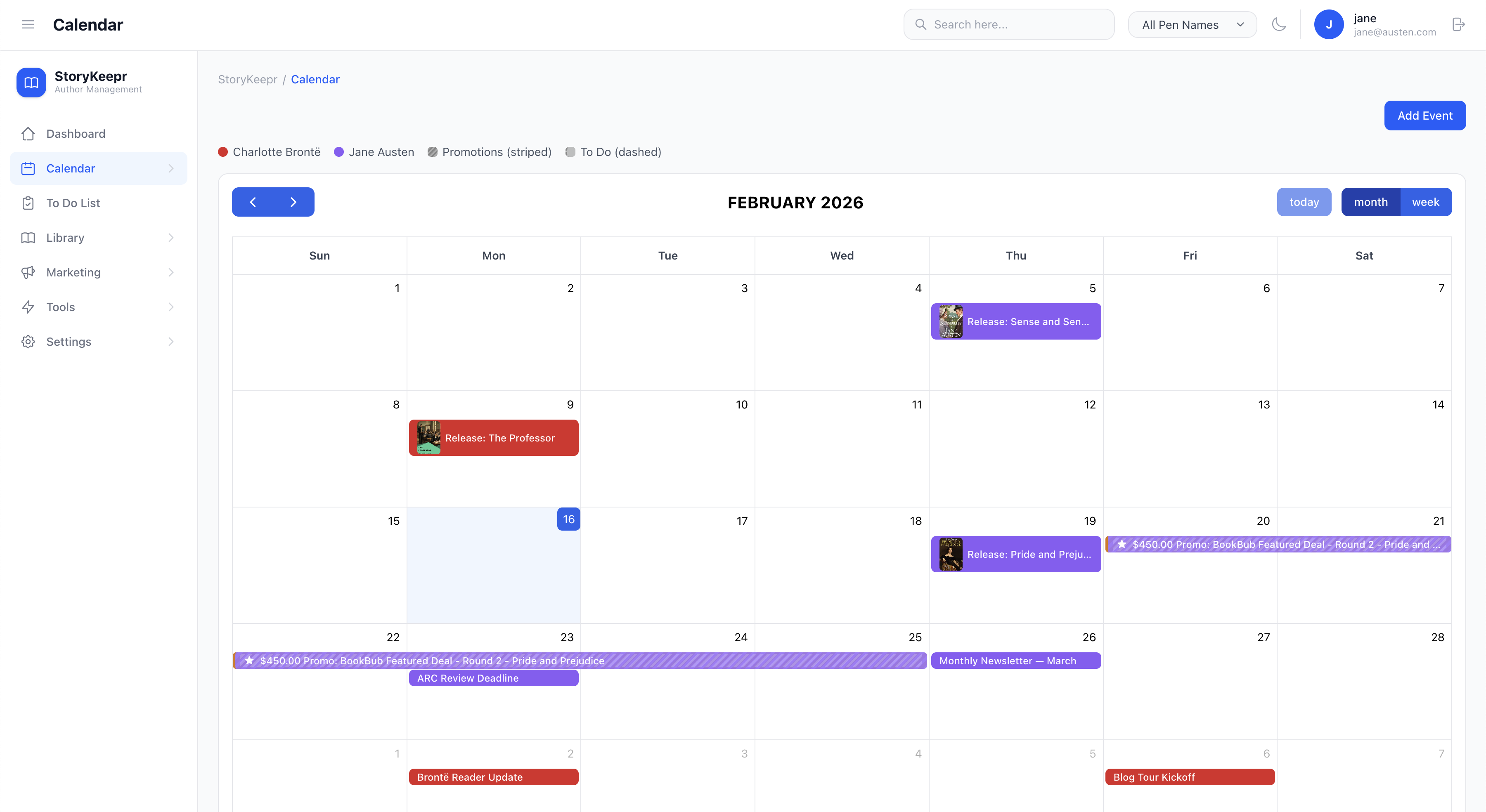 Release calendar showing upcoming book launches and promotion events
