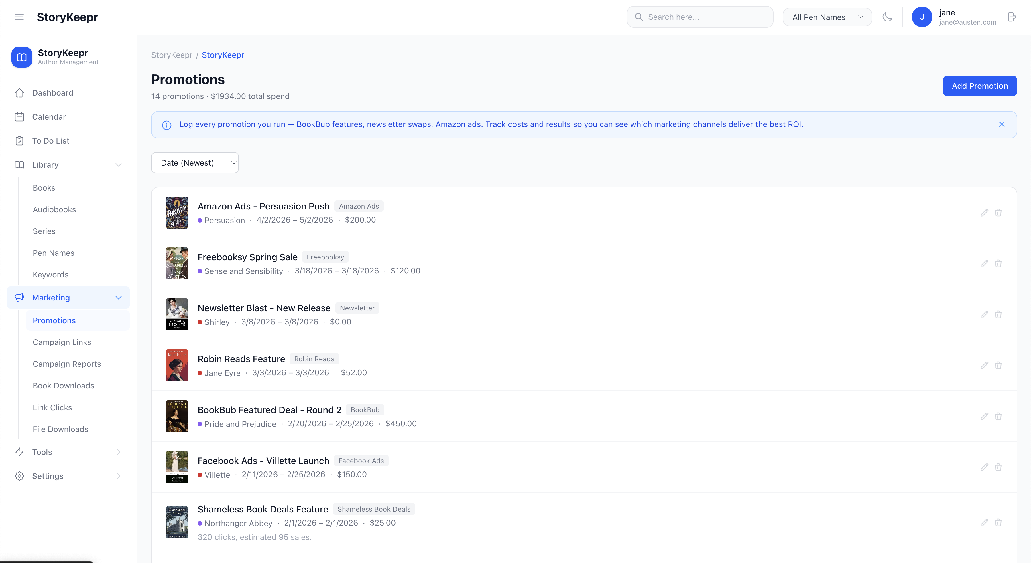 Promotions list showing scheduled and past promotions with costs and results